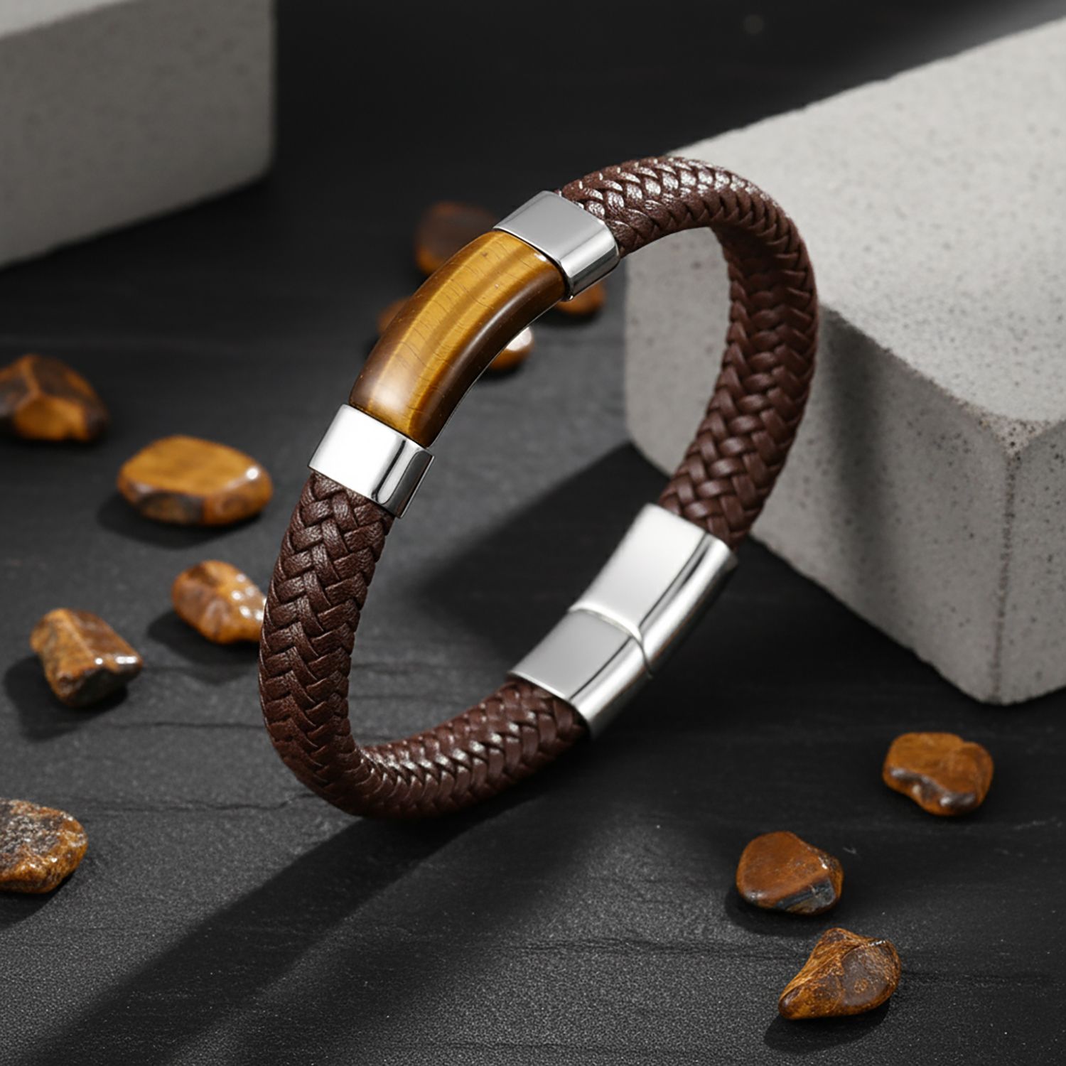 
             Ranel Takı Kaplan Gözü Taşlı Kahverengi Deri Erkek Çelik Bileklik 38104B6D2 
        