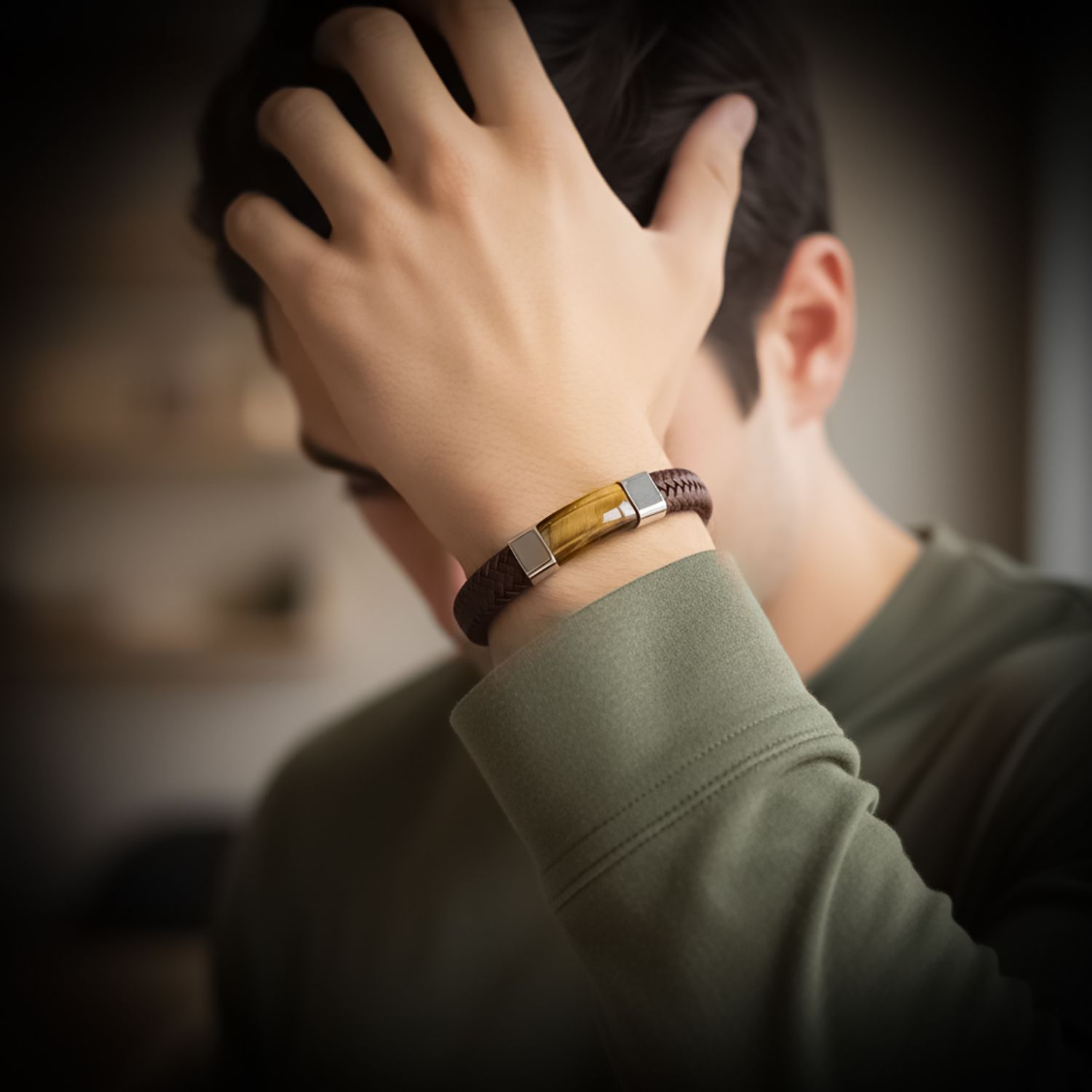 
             Ranel Takı Kaplan Gözü Taşlı Kahverengi Deri Erkek Çelik Bileklik 38104B6D2 
        