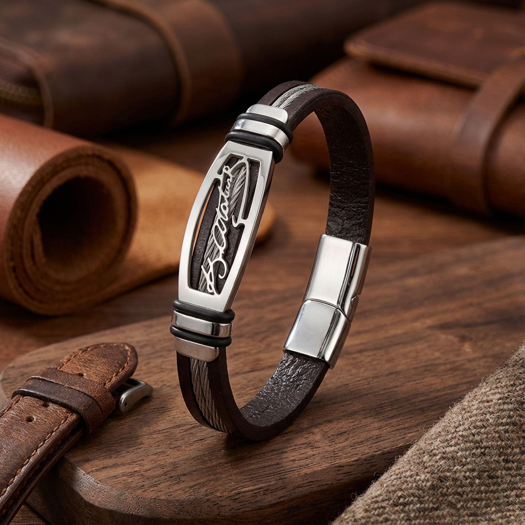 
             Ranel Takı Atatürk İmzalı Çelik Halatlı Erkek Deri Bileklik 38104B17D2 
        