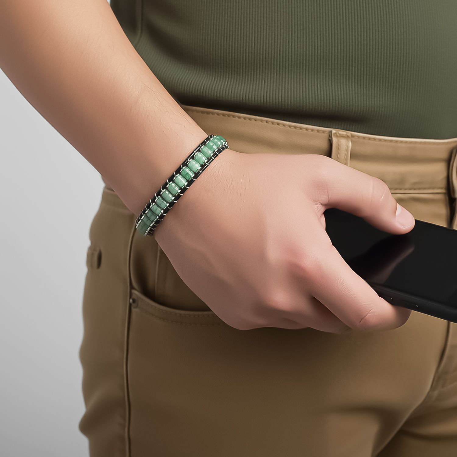 
             Ranel Takı Yeşil Aventurin & Hematit Çelik Örgülü Deri Bileklik 38102B22D5 
        