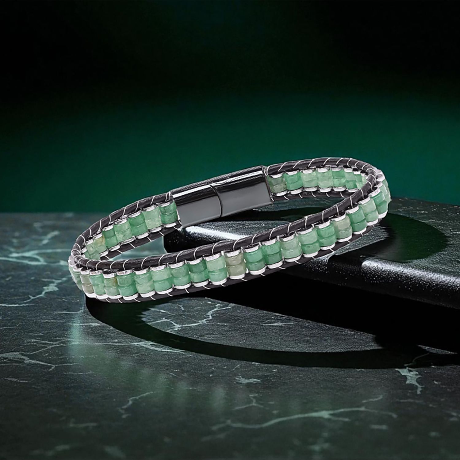 
             Ranel Takı Yeşil Aventurin & Hematit Çelik Örgülü Deri Bileklik 38102B22D5 
        