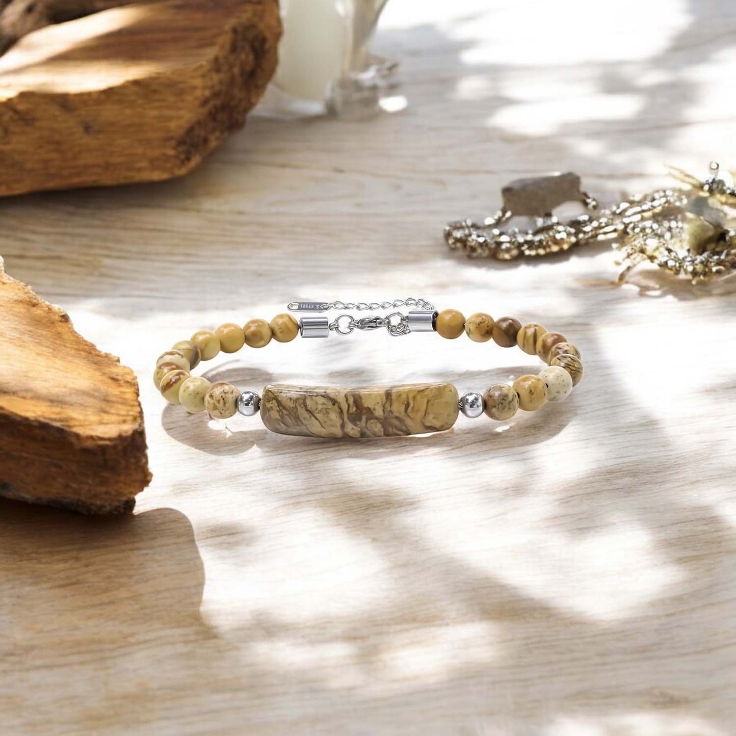 
             Ranel Takı Odun Jasper Doğaltaş Çelik Halat Ve Çelik Klipsli Bileklik 38102B19D3 
        